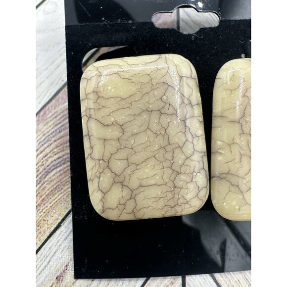 Vintage Pierced Earrings - Creamy White With Brown Enamel Rectangle - Picture 3 of 5